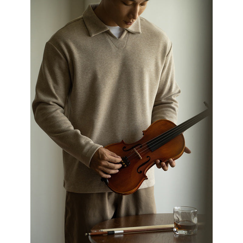 Woolen Drop-shoulder Sleeve V-neck Polo Shirt Men Casual Long Sleeve T-shirt