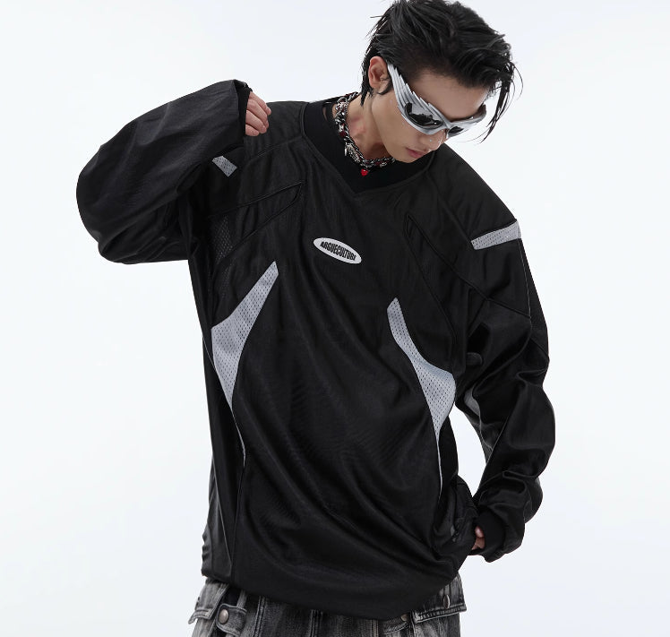 V-collar Contrast Color Padded Shoulder Long Sleeve American Retro Outdoor Sports Top
