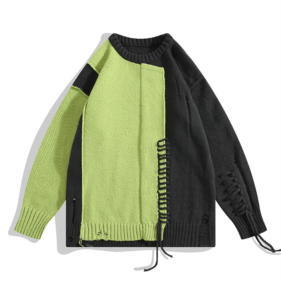 Niche Irregular Stitching Contrast Color Hand-woven Sweater