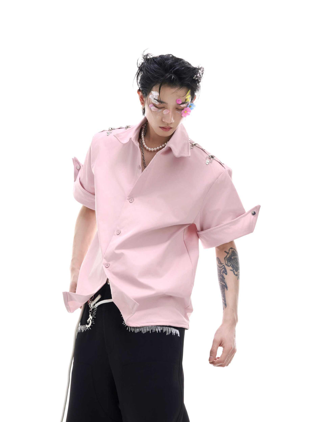 Niche Deconstruction Metal Buckle Design Short Sleeve Shirt Solid Color Simple Loose Cardigan