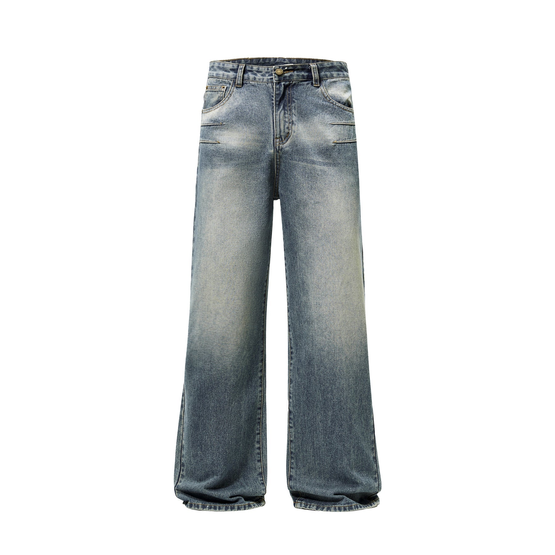 Washed Blue Pleated Jeans Men's Loose