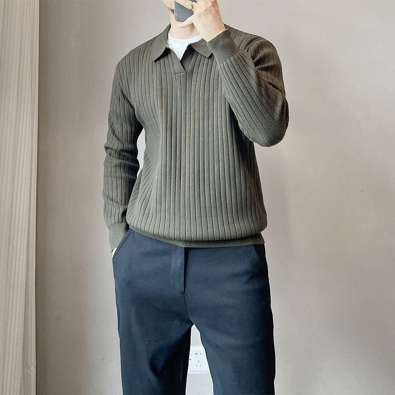Lightly Mature Spring And Autumn Stripes Lapel Loose Elastic Knitted Sweater