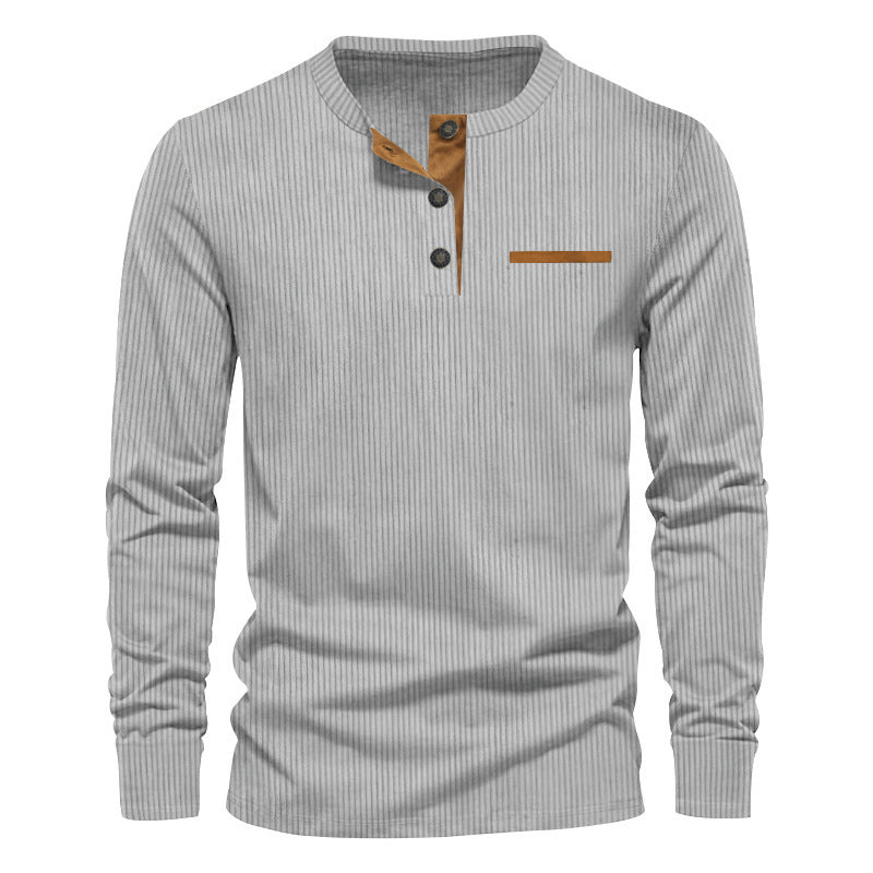 Men's Independent Stand Corduroy Casual Henley Slim Solid Color Long Sleeve T-shirt