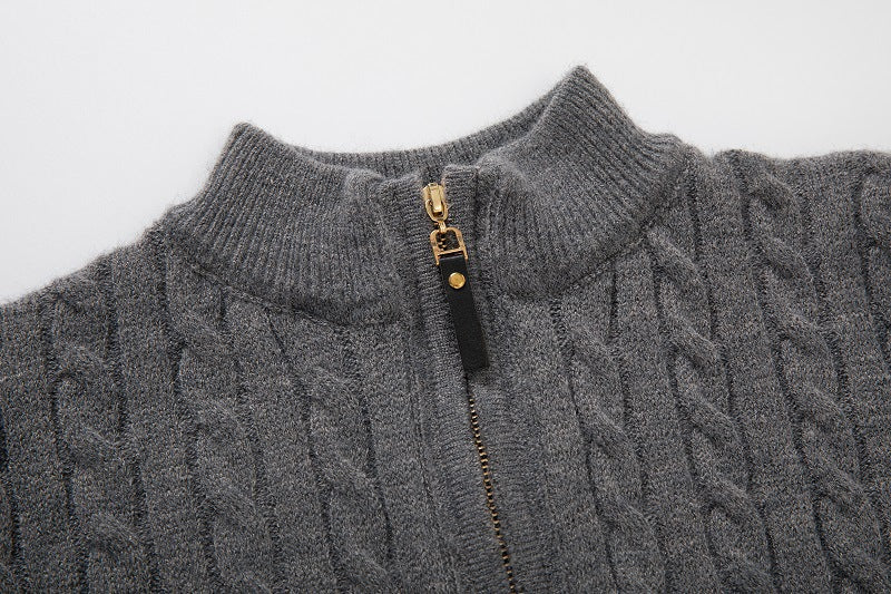 Men's Long Sleeve Twist Half High Neck Zipper Knit