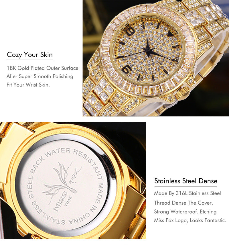 Stainless steel waterproof full diamond watch