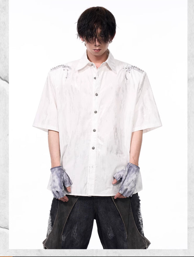 Spine Snake-shaped Shoulder Pad White Shirt Men's Beaded Gold-plated Short Sleeve