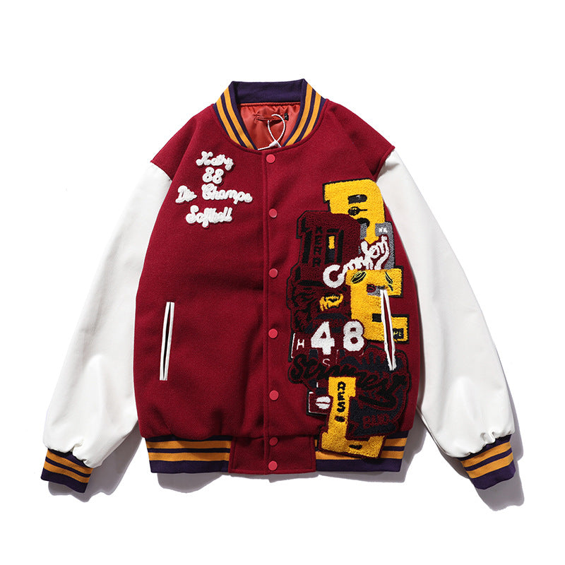 Embroidered Baseball Uniform Men's Stand-Up Collar Quilted Jacket