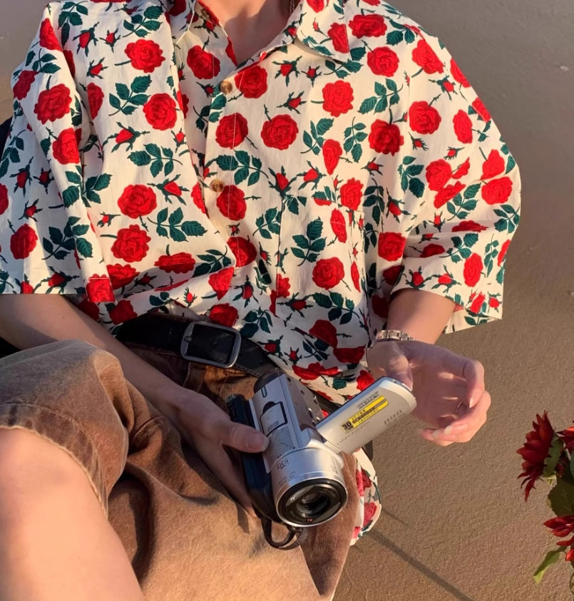Summer Port Style Retro Rose-printed Short-sleeved Shirt