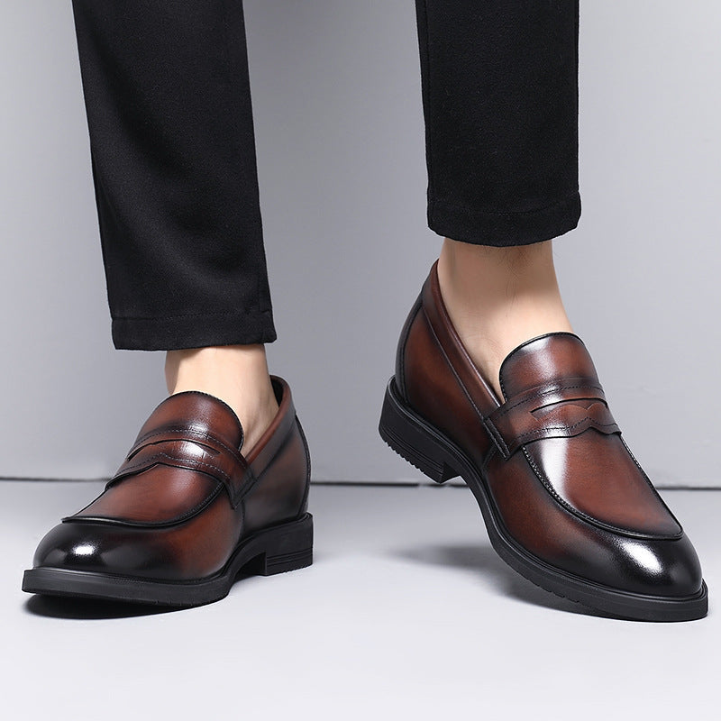 Cowhide Business Formal Wear Men's Slip-on Invisible Height Increasing Leather Shoes