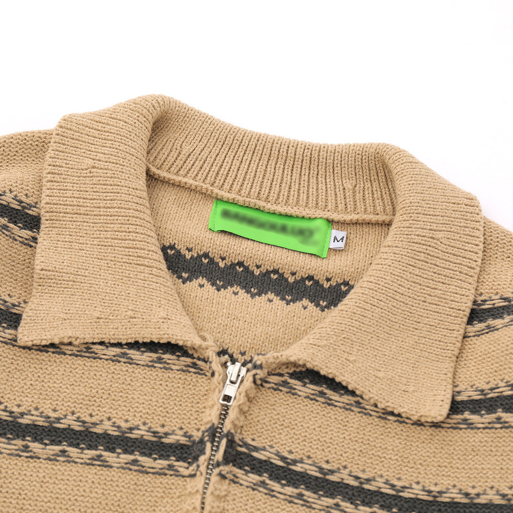 Crocheted Striped Lapel Sweater Men's European And American Loose