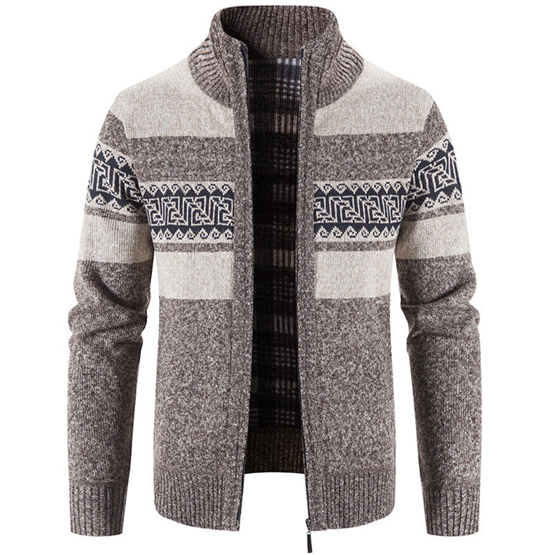 Casual Men's Hooded Color Block Printed Cardigan Knitted Cardigan Sweater Jacket