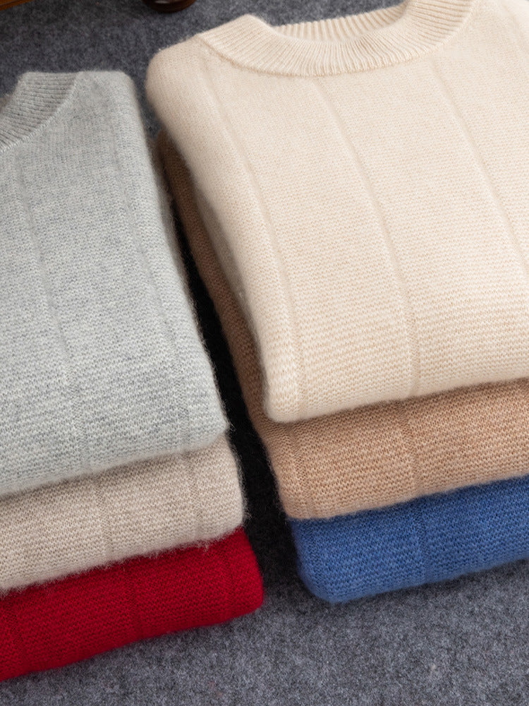 High Sense Autumn And Winter New Cashmere Sweater Men's Round Neck Striped Double Thick Sweater Casual Solid Color Bottoming Shirt