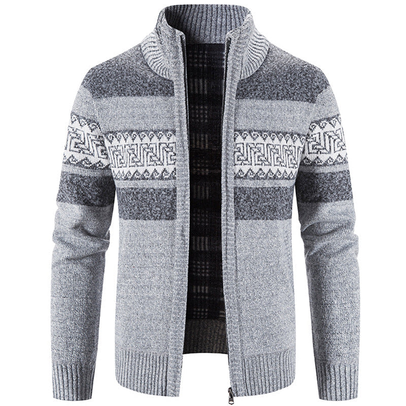 Casual Men's Hooded Color Block Printed Cardigan Knitted Cardigan Sweater Jacket