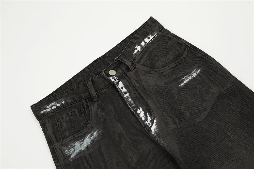 Punk Waste Soil Distressed Men Denim Straight-leg Trousers