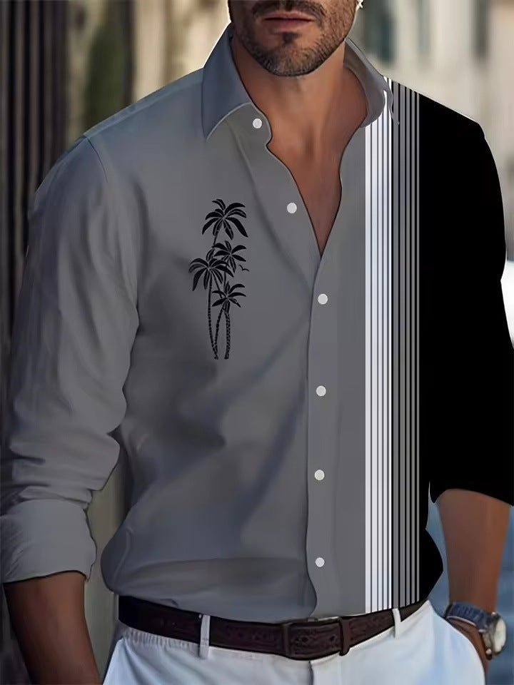 Men's Long Sleeve Shirt Palm Tree And Striped Printed Shirt Everyday Fashion Men's Casual Shirt