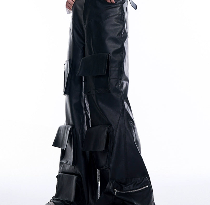 Autumn Three-dimensional Pocket Leather Pants Wide Leg