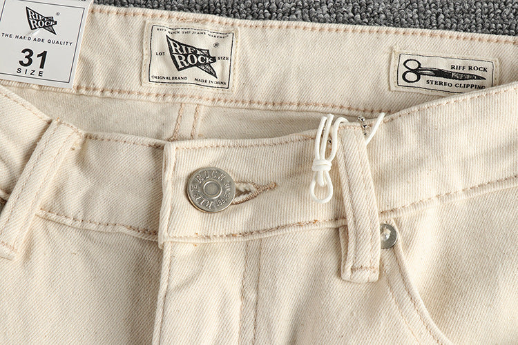 Vintage Raw Creamy-white Fabric Washed Jeans
