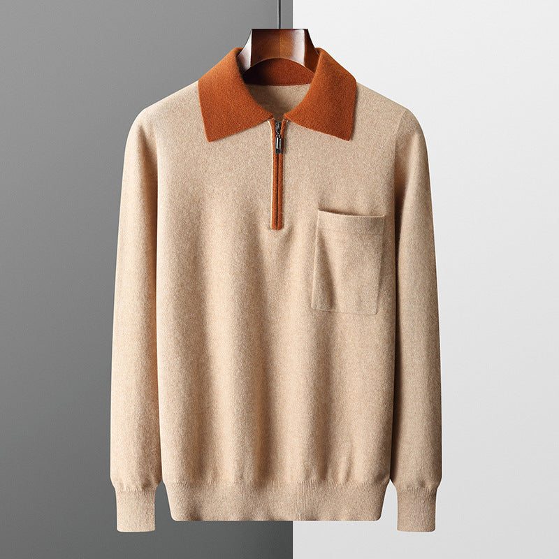 Foreign Trade Men's Autumn And Winter Contrast Color Wool Knitted Half-open Polo Long-sleeved Fleece Sweater