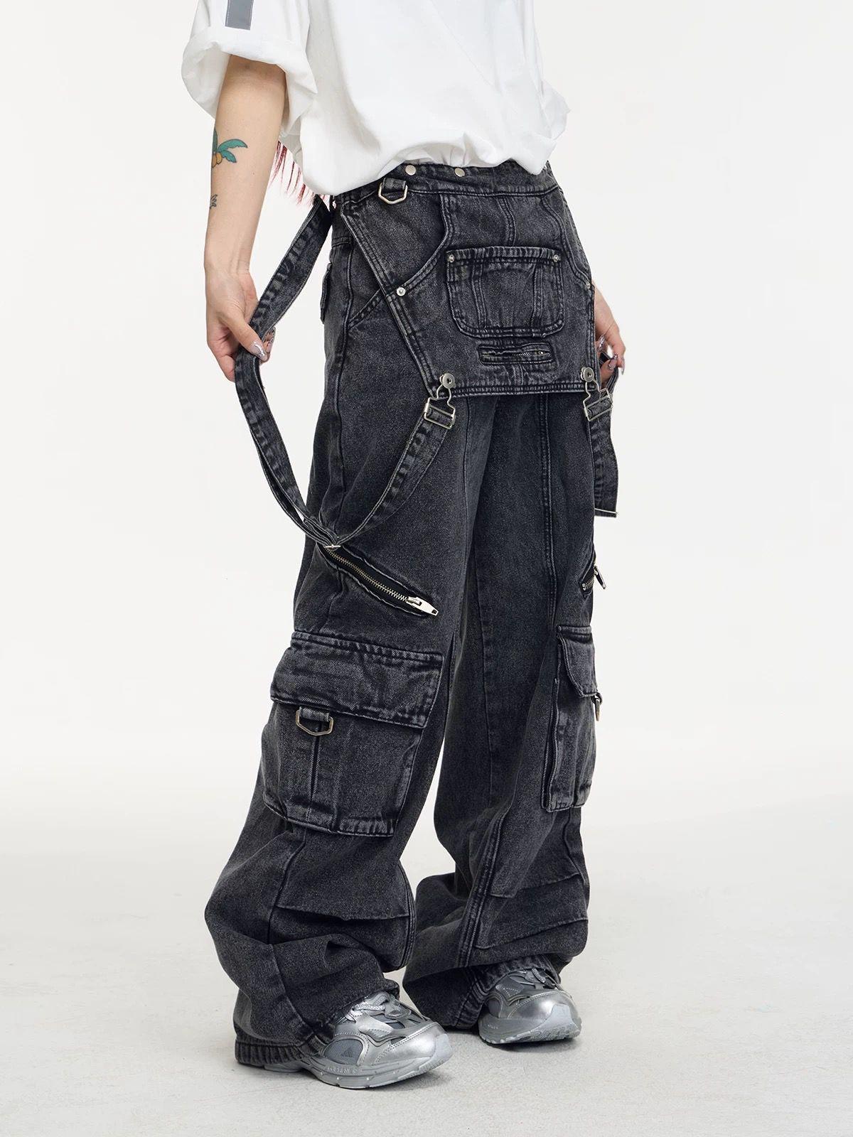 Niche Mechanical Style Jeans Design American Vintage Strap Stitching Trousers