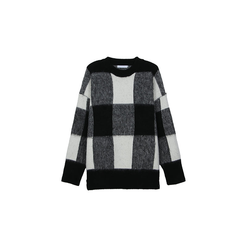 Plaid Color Contrast Crewneck Sweater Men