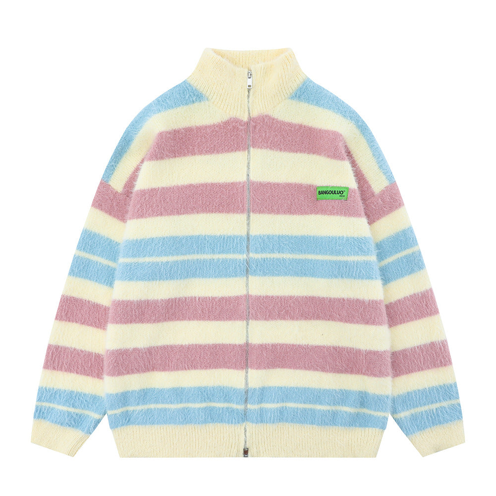 Striped Knitted Sweater Coat Men