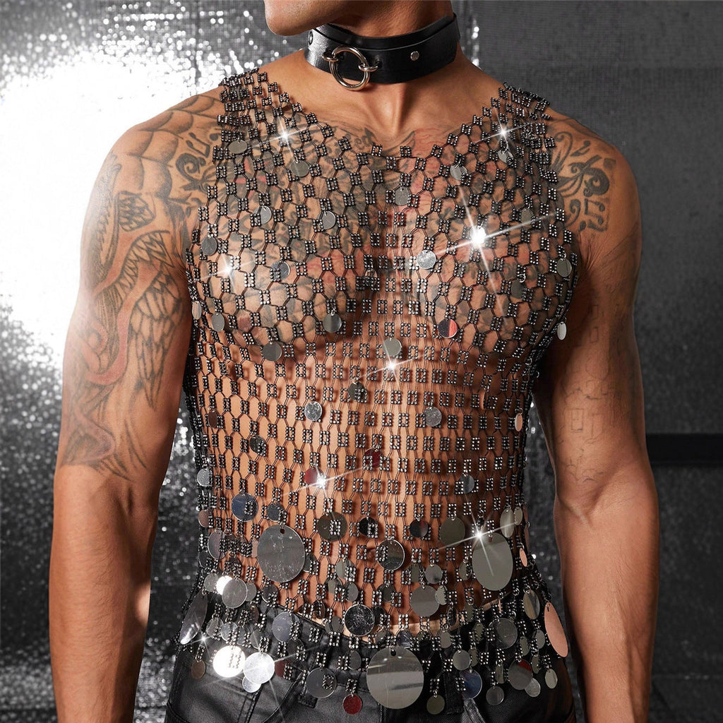 Hollow Out Sequin Mesh Outerwear Men's Top