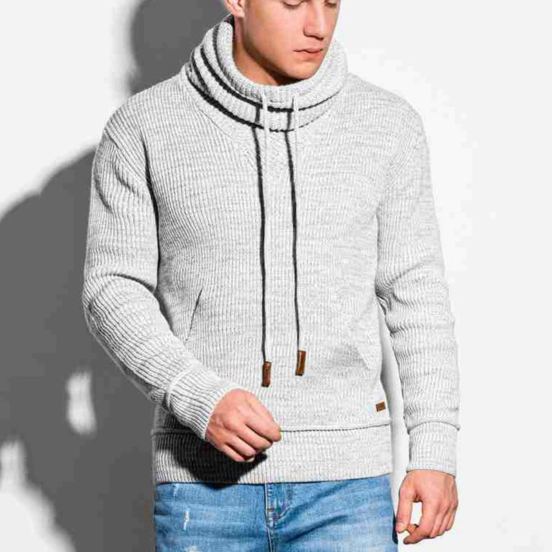 Men's FallWinter Drawstring Stand Collar Knit Long Sleeve Outer Sweater