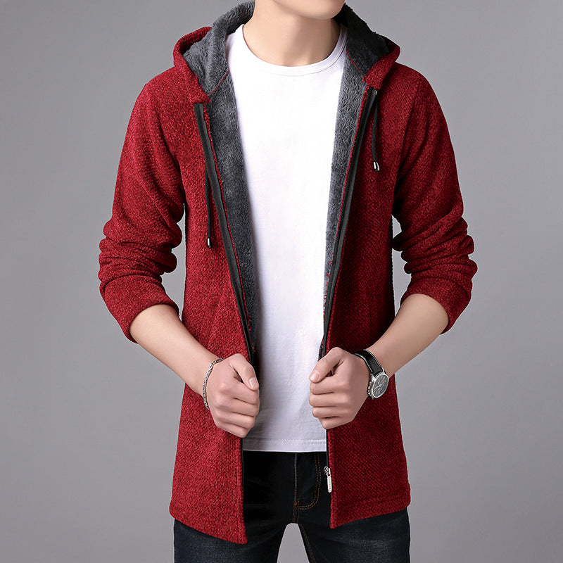 Plush Thick Men's Jacket Knitted Cardigan Windbreaker Zipper Hood