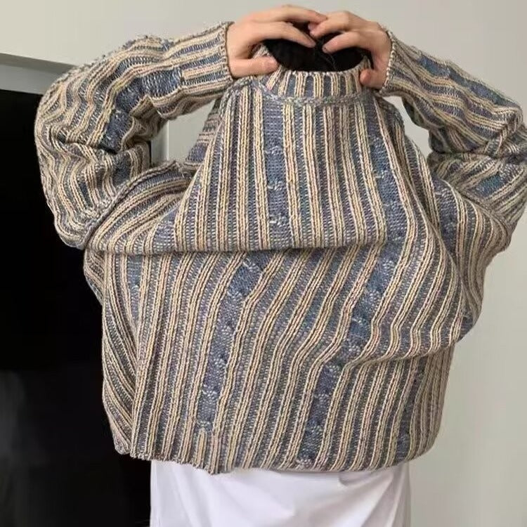 Retro Multi-colored Stripe Casual Trend Knitted Sweater Men's Design Round Neck Pullover