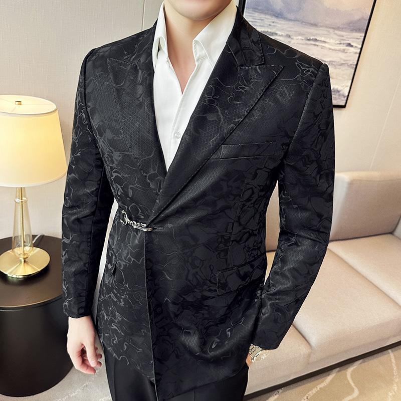 Vintage Pattern Men's Casual Suit Metal Hook Placket Closure Collar Leather Texture Suit