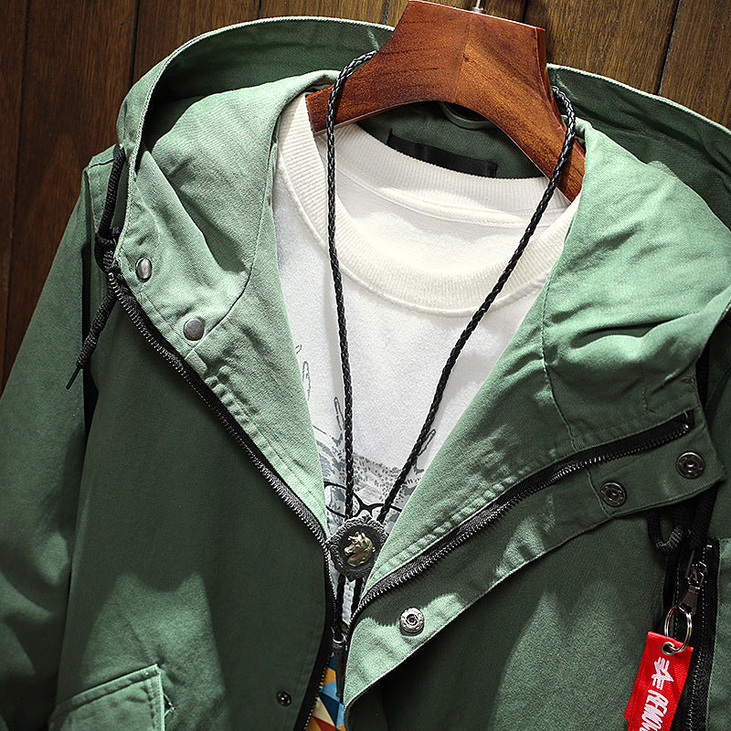 Solid color hooded mid-length trench coat men's jacket