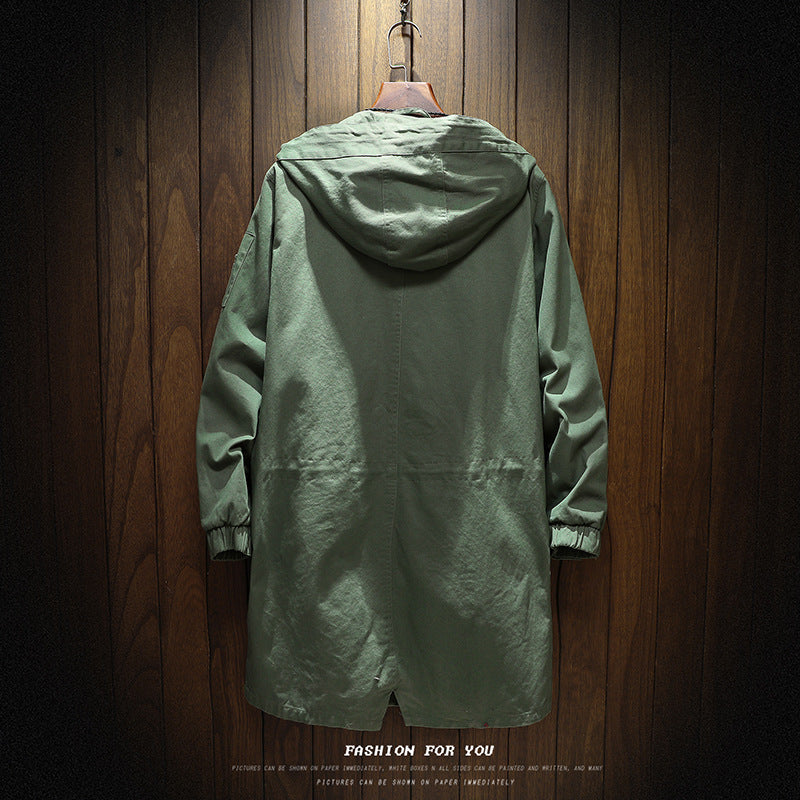 Solid color hooded mid-length trench coat men's jacket