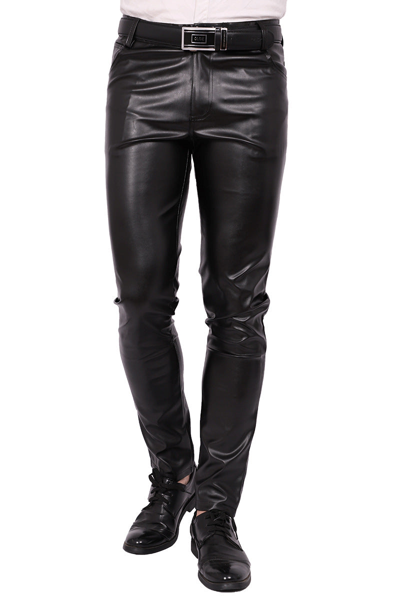 Men's Skinny Pants Tight Elastic Trend Motorcycle Male Nightclub Leather Pants