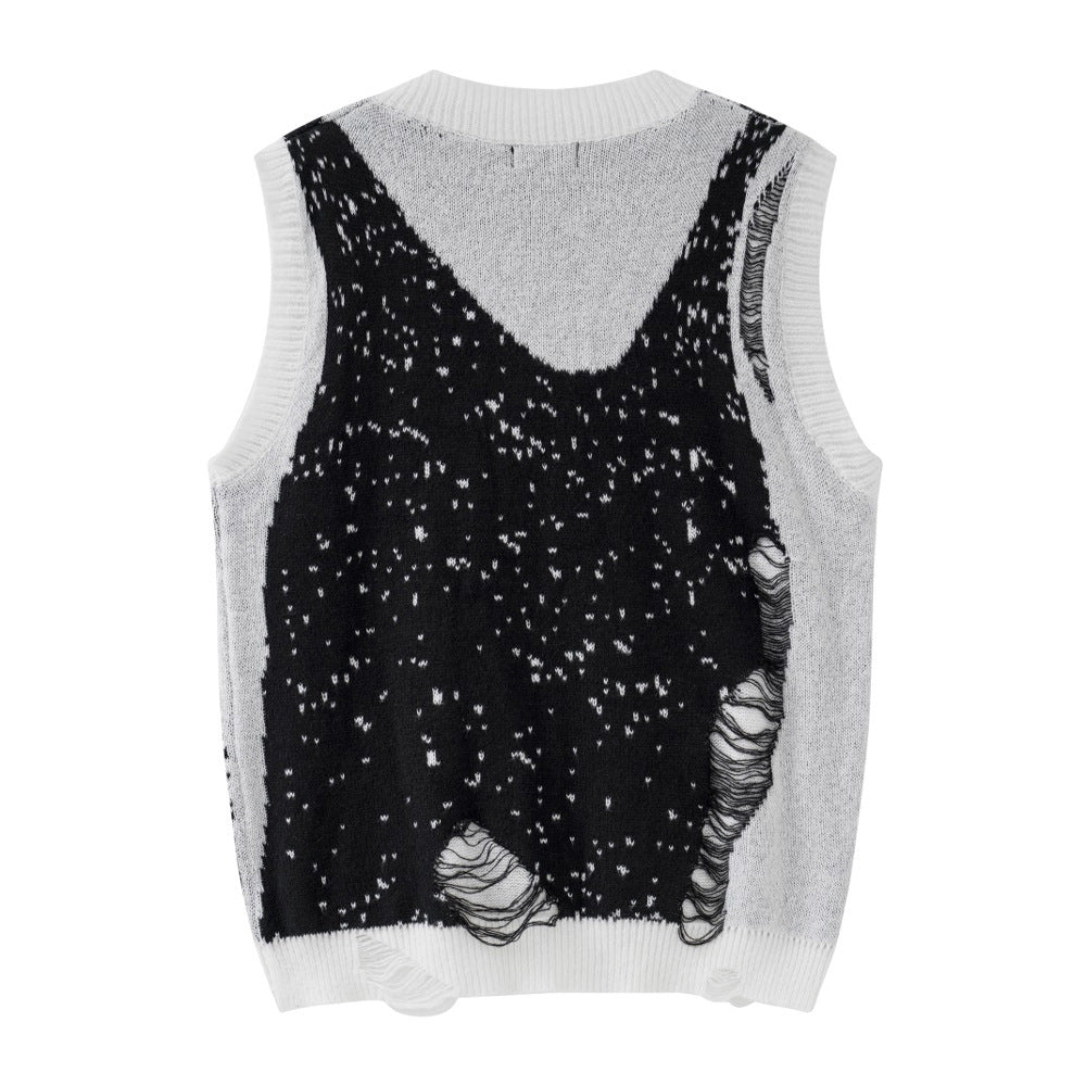 Men's Sweater Color Matching Crochet V-neck Hole Pullover Knitted Vest