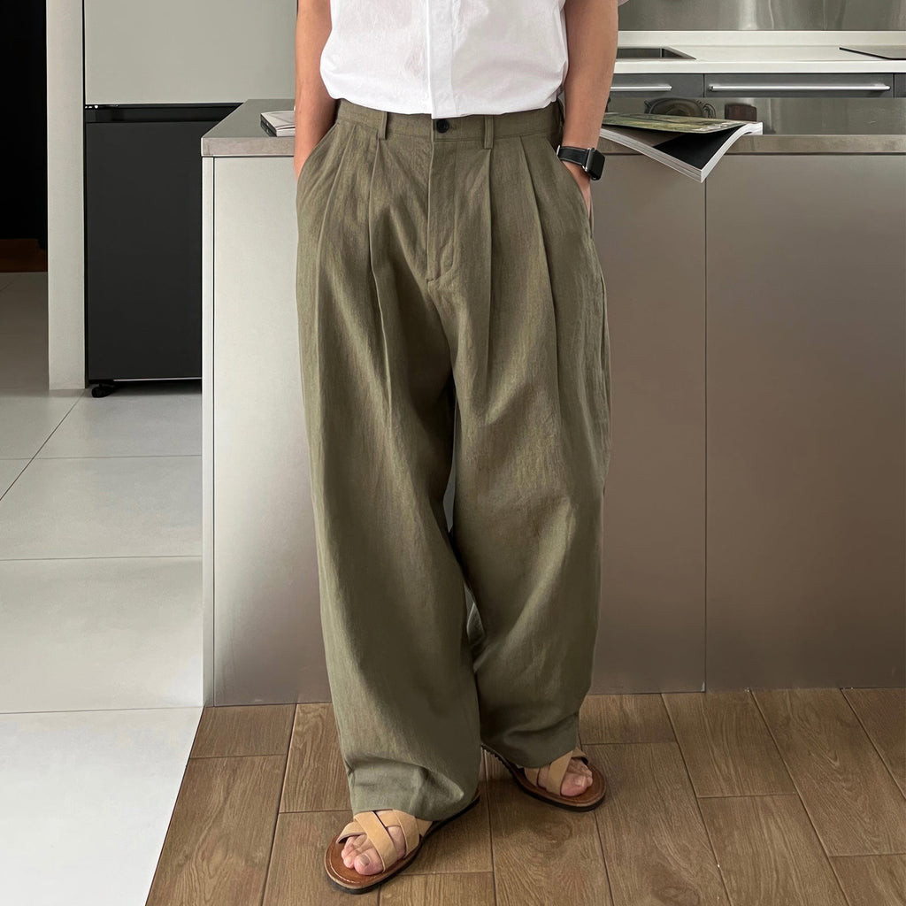 Army Green Linen Leisure Trousers Men's Japanese