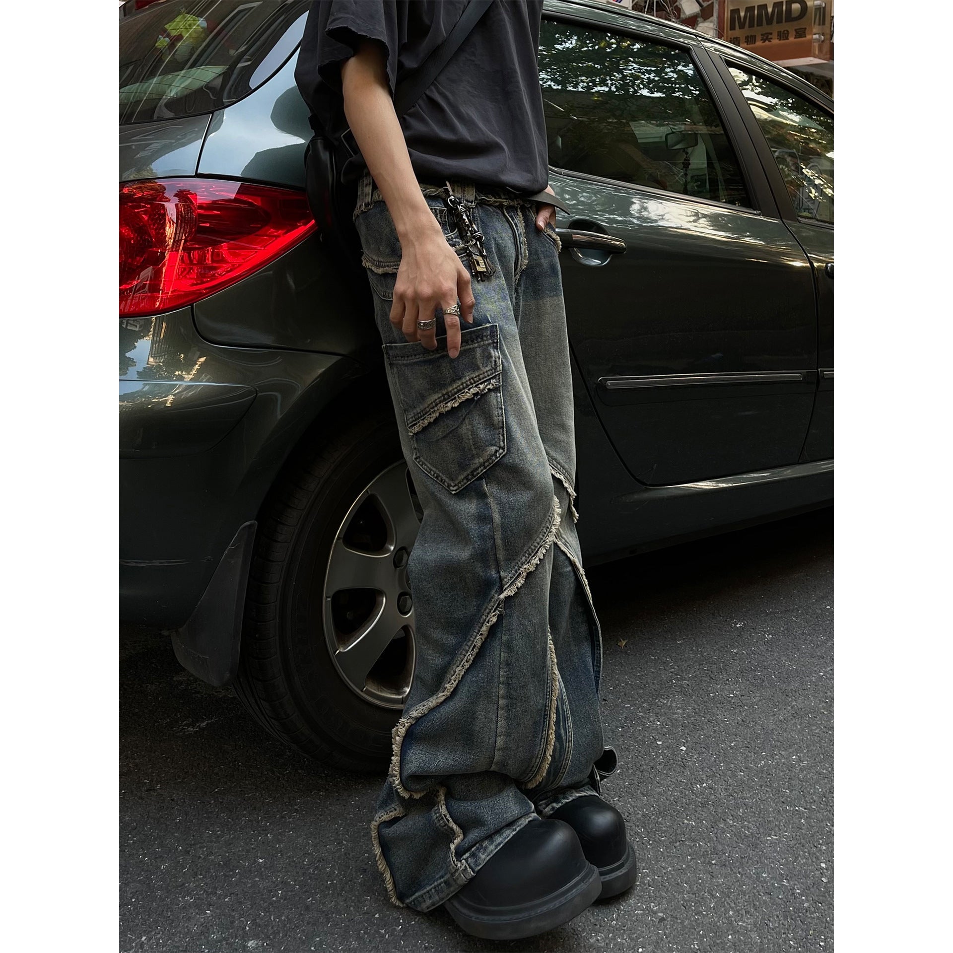 Stitching Edging Zipper Slightly Flared Jeans Loose Draggle-tail Trousers