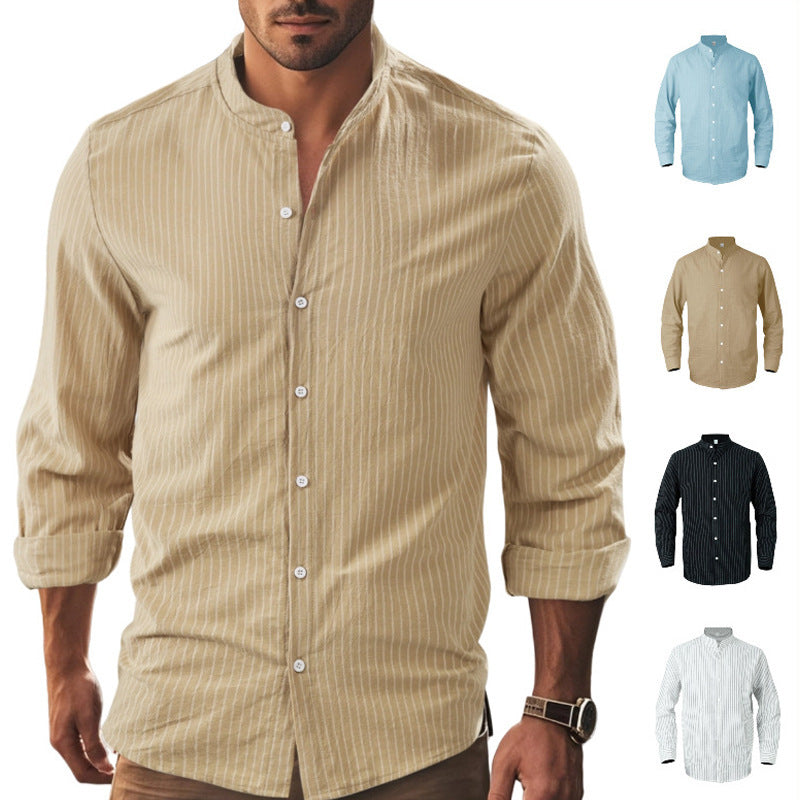 Business Linen Men's Shirt Striped Stand Collar Long Sleeve Cardigan