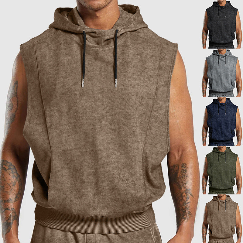 Men's Fashion Distressed All-over Printed Floral Sleeveless Hooded Top