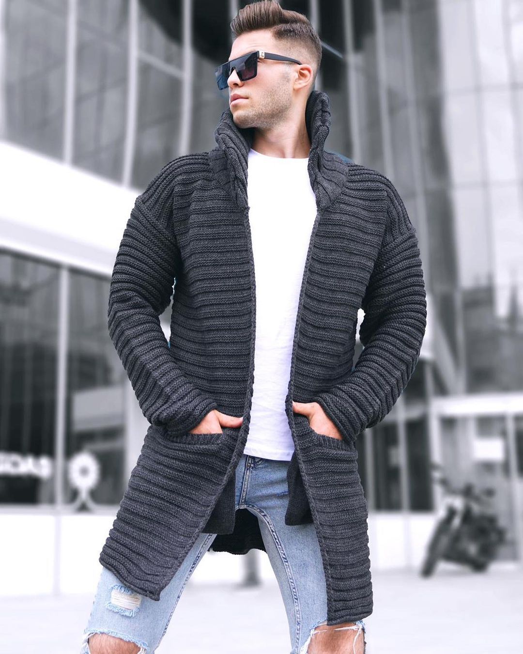 Knitted Sweater Ribbed Jacquard Solid Color Lapel Cardigan Windbreaker Sweater