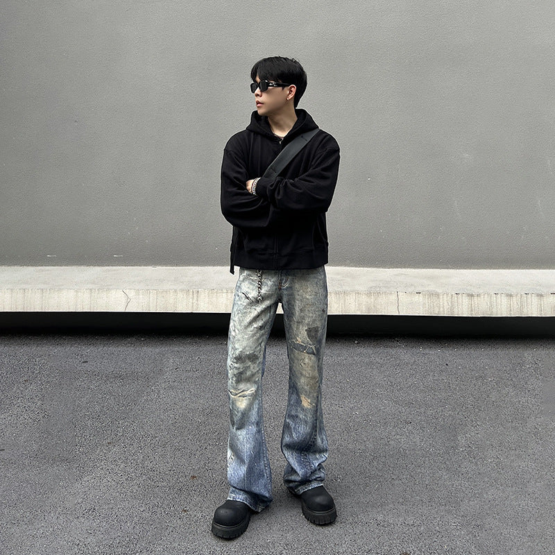 Men's Loose Wide-leg Pants Denim Dirty And Dyed With Waste Soil