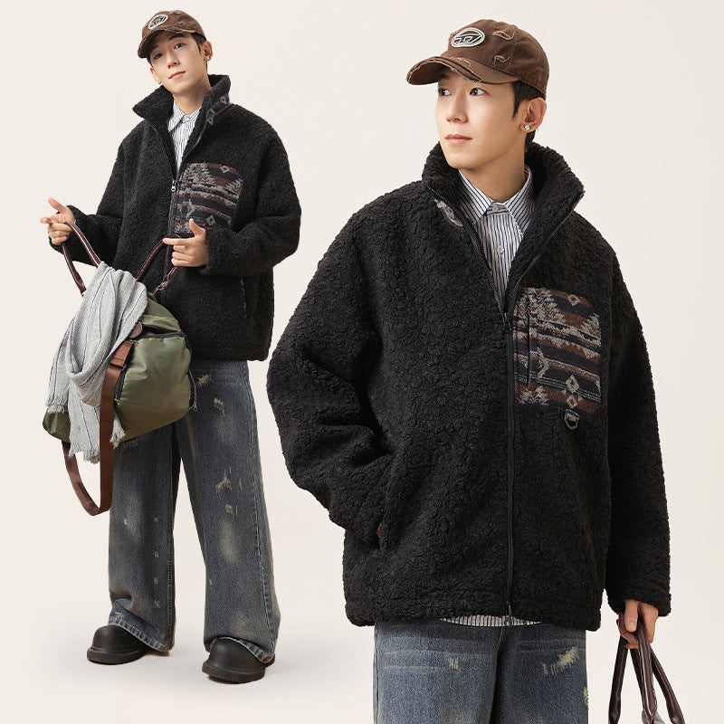 American Retro Patchwork Cashmere Cotton-padded Coat