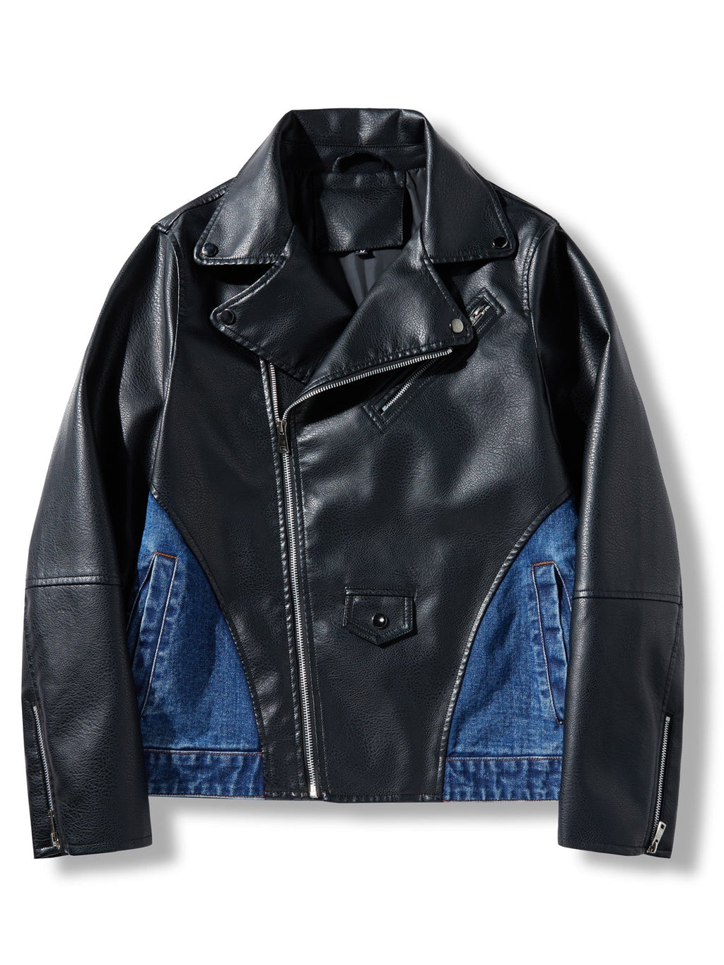 Men's Patchwork Denim Jacket, Diagonal Zipper Collared Work Jacket