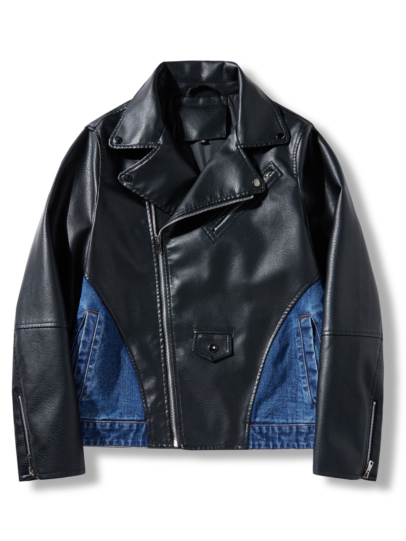 Men's Patchwork Denim Jacket, Diagonal Zipper Collared Work Jacket