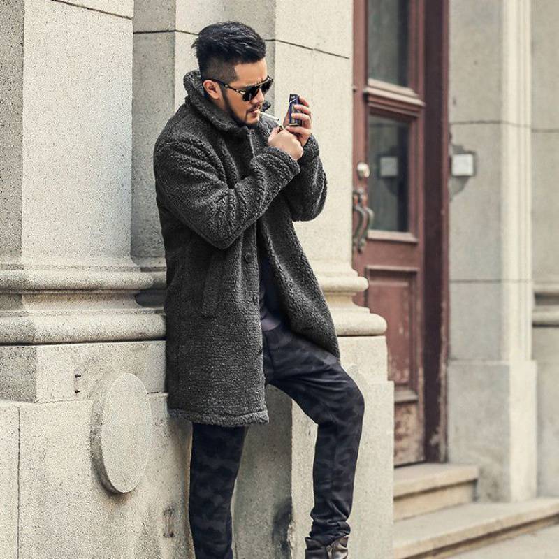 Cotton-padded Mid-length Faux Leather Lamb coat