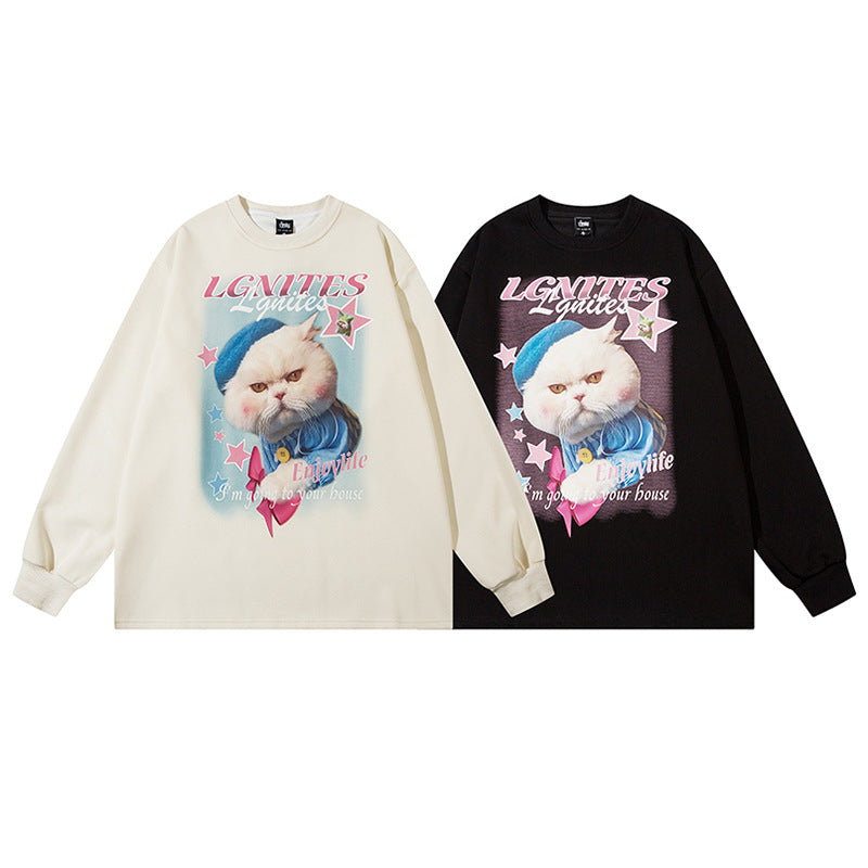 Men's Cartoon Cat Printing Couple Loose Long-sleeved Sweater Sweatshirt Men's Coat