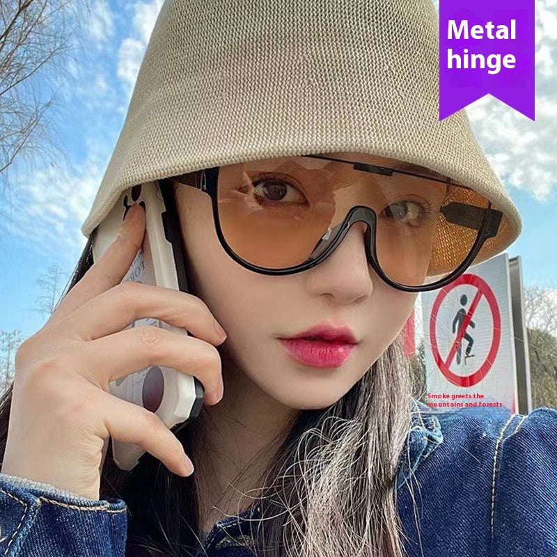 Fashion Lower Semi-rimless Brown One-piece Sunglasses Women's Mask Retro Slimming Trendy Sunglasses