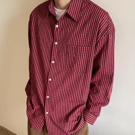Men's Spring And Autumn Japanese Style Simple Plaid Long-sleeved Shirt
