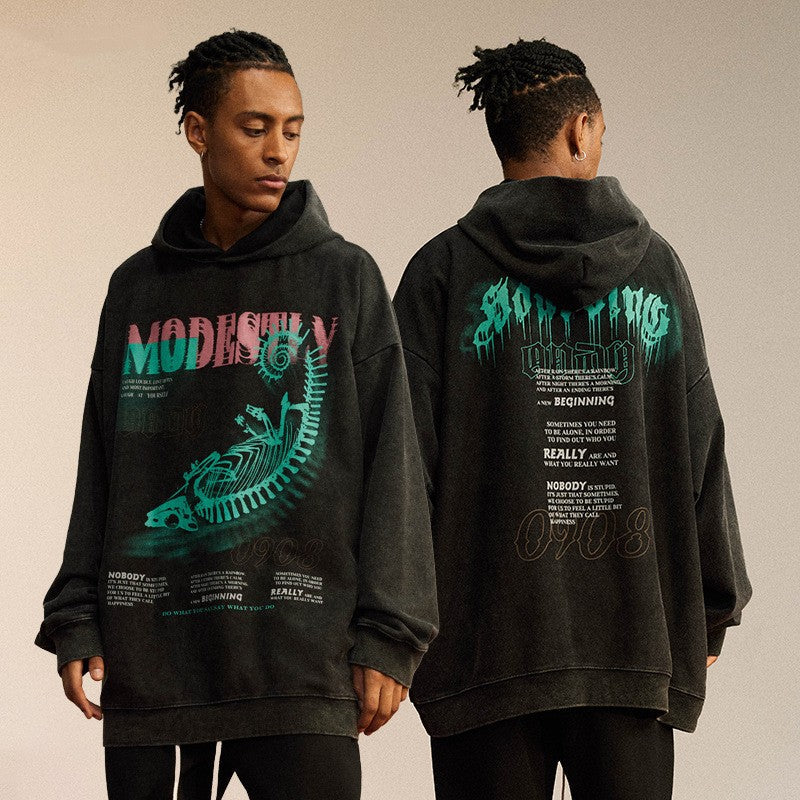 Washed And Worn Large Print Hoodie Loose Heavy Weight Terry Sweater