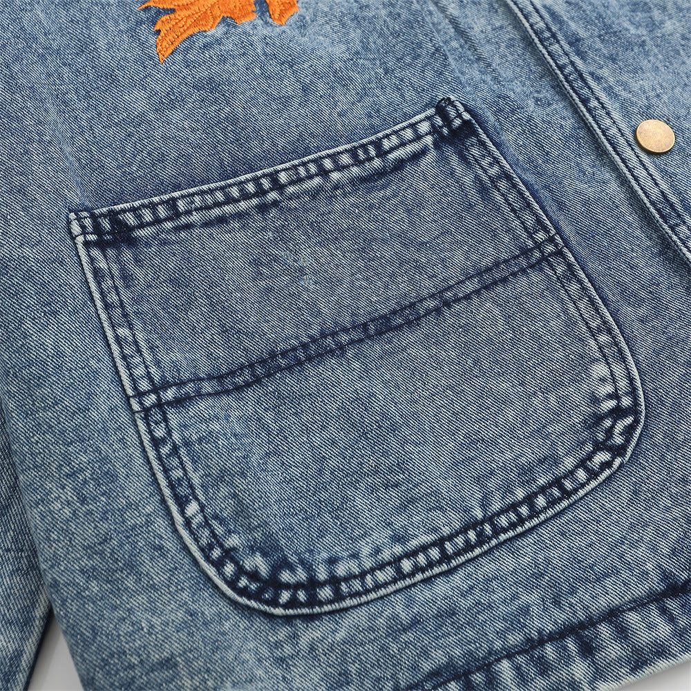 Workwear Leaf Embroidery Contrast Color Lapels Shirt Jacket