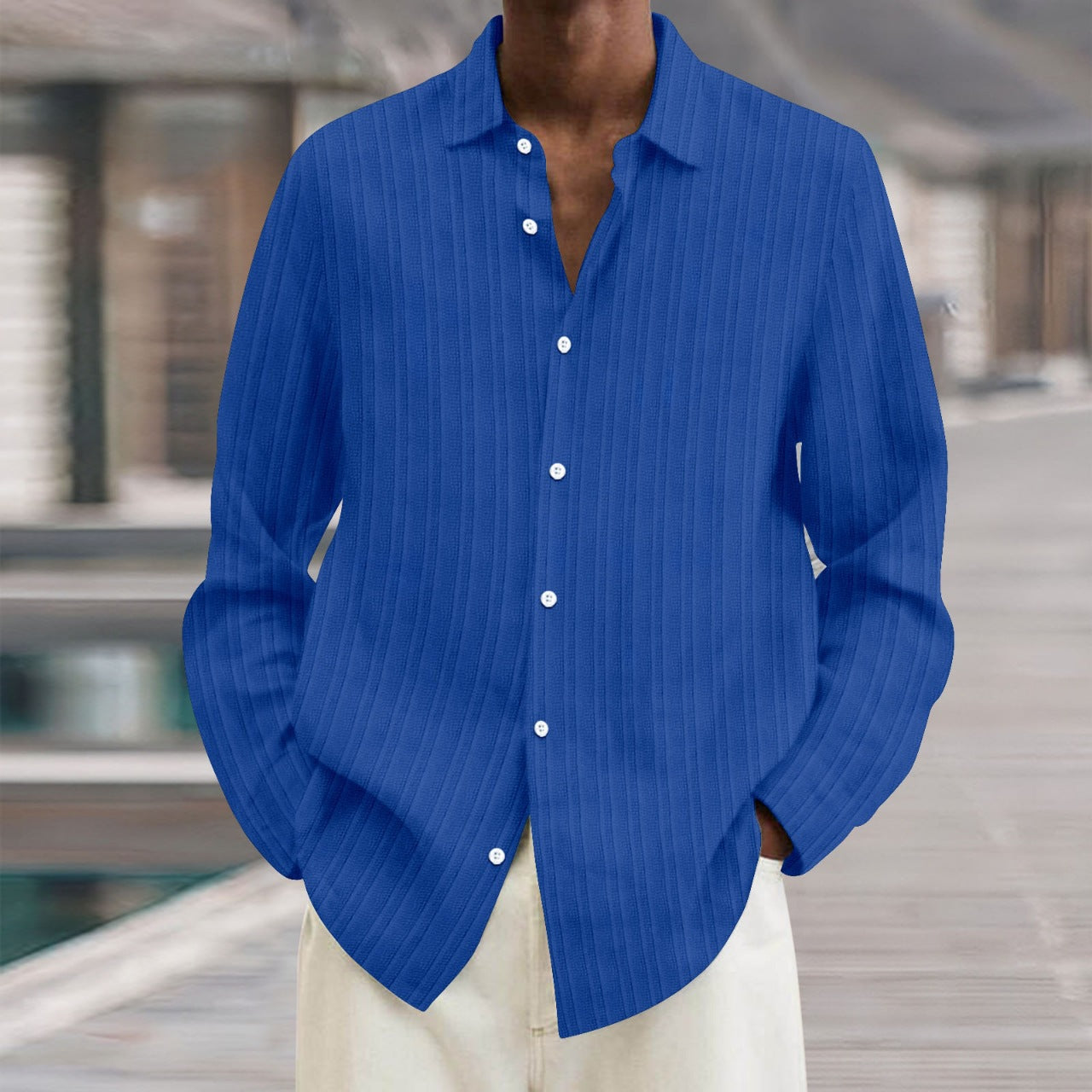 Business Pure Color All-matching Shirt Men's Striped Cardigan Long Sleeve